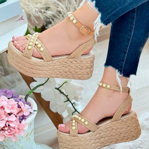 Sandalias de Plataforma en Yute con Apliques de Perlas - Ref. P217